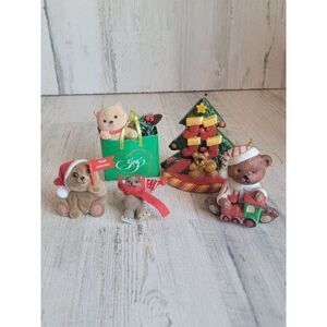 Vintage teddy bear figure shopping present pin hat ornament Xmas variety